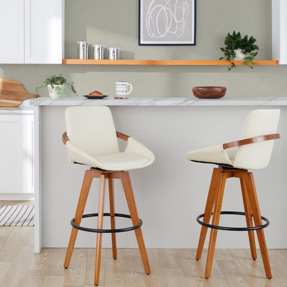 Lumisource Cosmo Swivel Barstool with Cream Cushion in Walnut and Black, , large