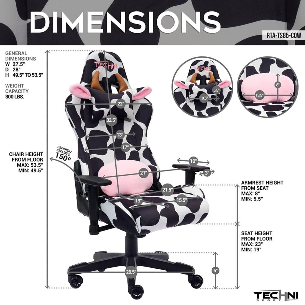 Rta Products Llc Cow Gaming Chair in Black and White, , large
