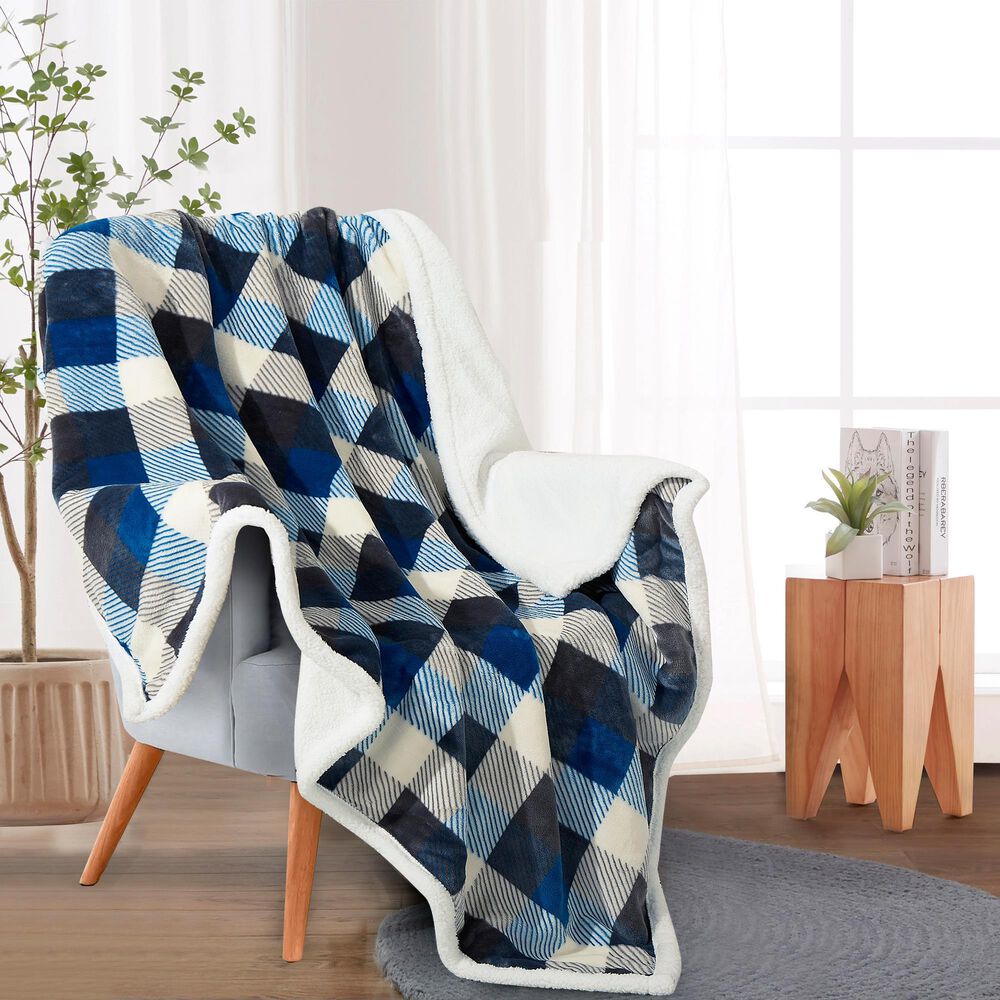 Duke Imports Flannel Sherpa Plaid Throw in Blue and Grey, , large