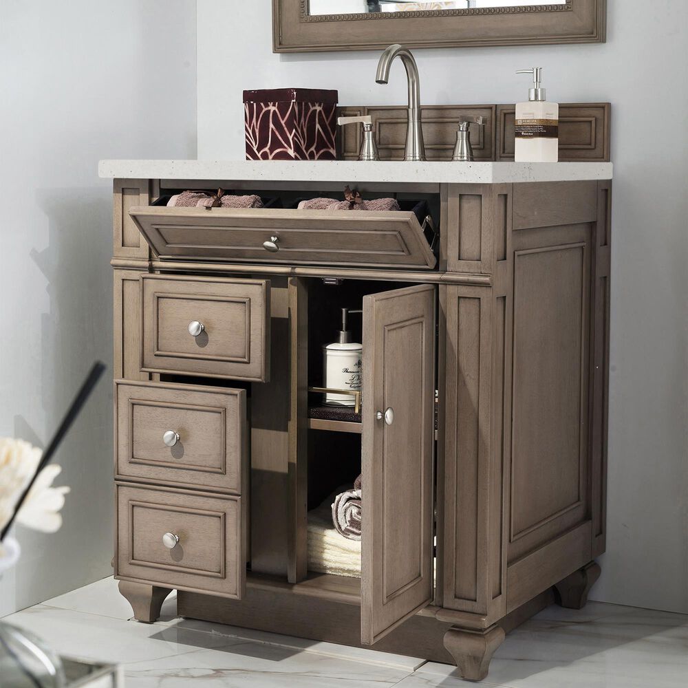 James Martin Vanities Bristol 30&quot; Single Bathroom Vanity in Whitewashed Walnut with 3 cm Lime Delight Quartz Top and Rectangular Sink, , large