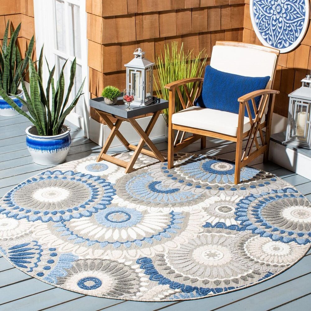 Safavieh Cabana CBN382G 6&#39;7&quot; Round Grey and Blue Indoor/Outdoor Area Performance Rug, , large