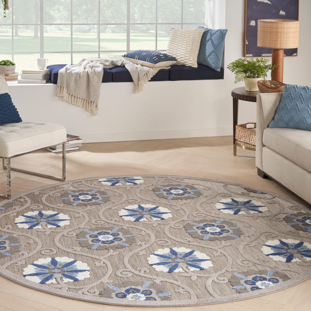 Nourison Aloha 7&#39;10&quot; Round Grey and Blue Indoor/Outdoor Area Rug, , large
