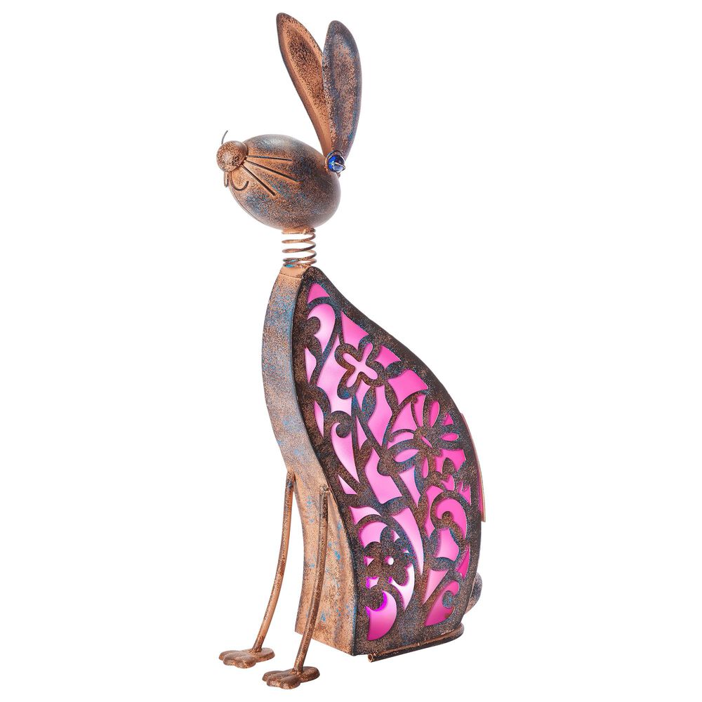 The Gerson Company 23.03" Solar Pink Lighted Garden Rabbit with in Bronze, , large