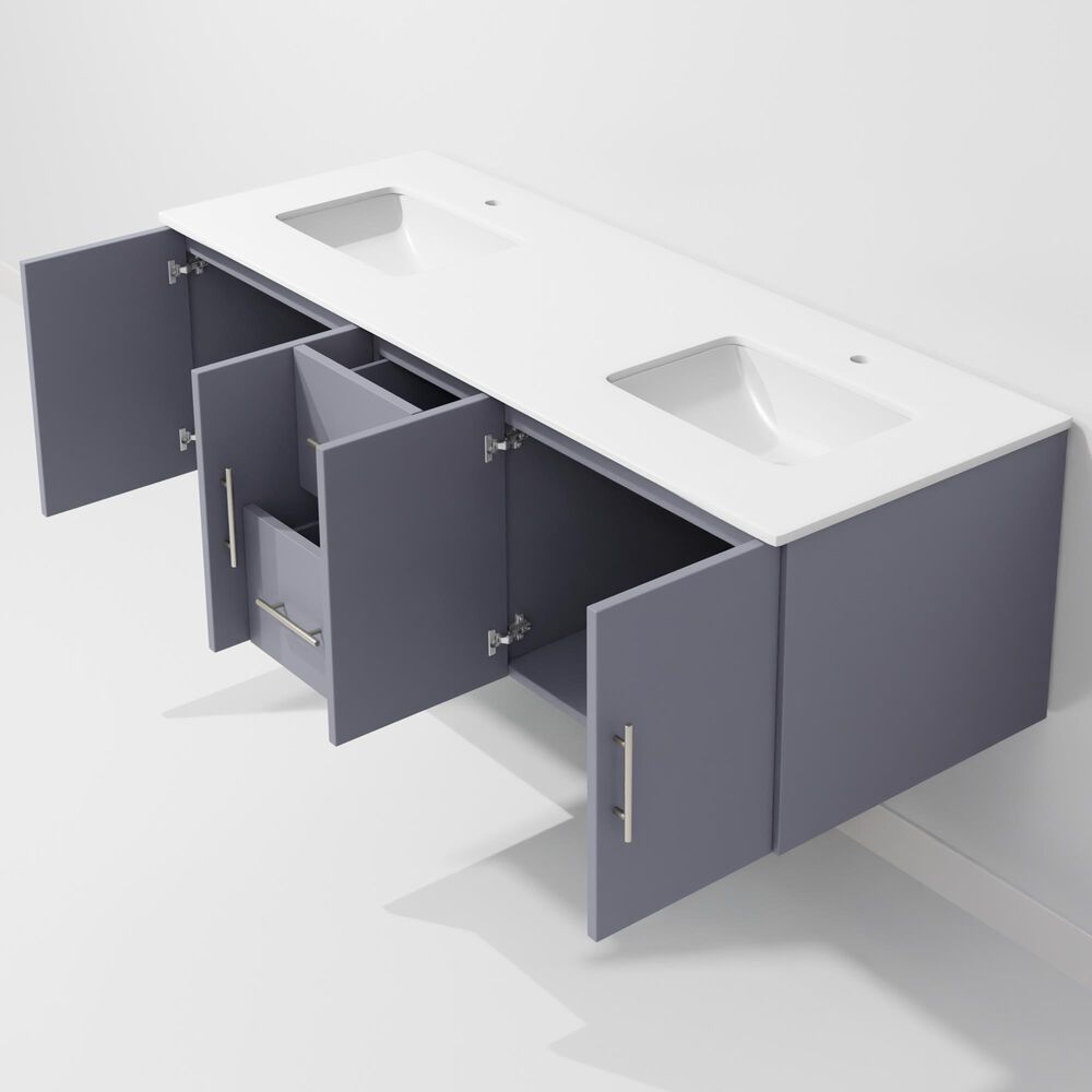 Lexora Home Geneva 60" Double Bathroom Vanity in Dark Grey with 2 cm White Quartz Top and Rectangular Sinks, , large