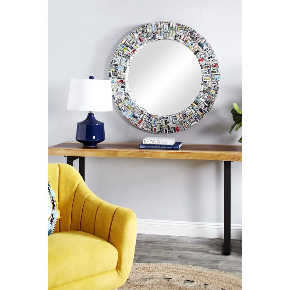Maple and Jade 38&quot; Round Recycled Magazine Paper Frame Wall Mirror in Poppy Red, Royal Blue, Bright Yellow and Kelly Green, , large