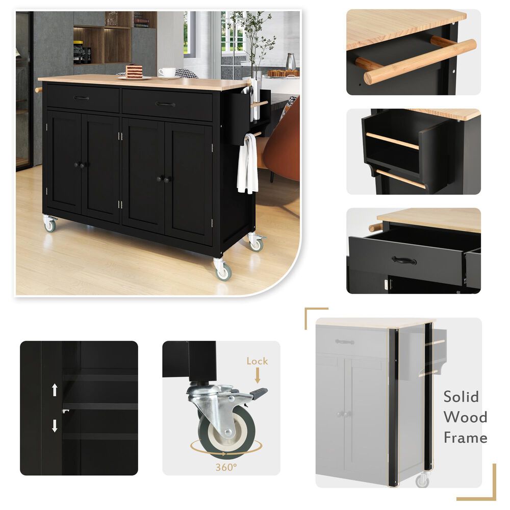 HOMLUX 54" Kitchen Island Cart with Solid Wood Top and Locking Wheels in Black, , large