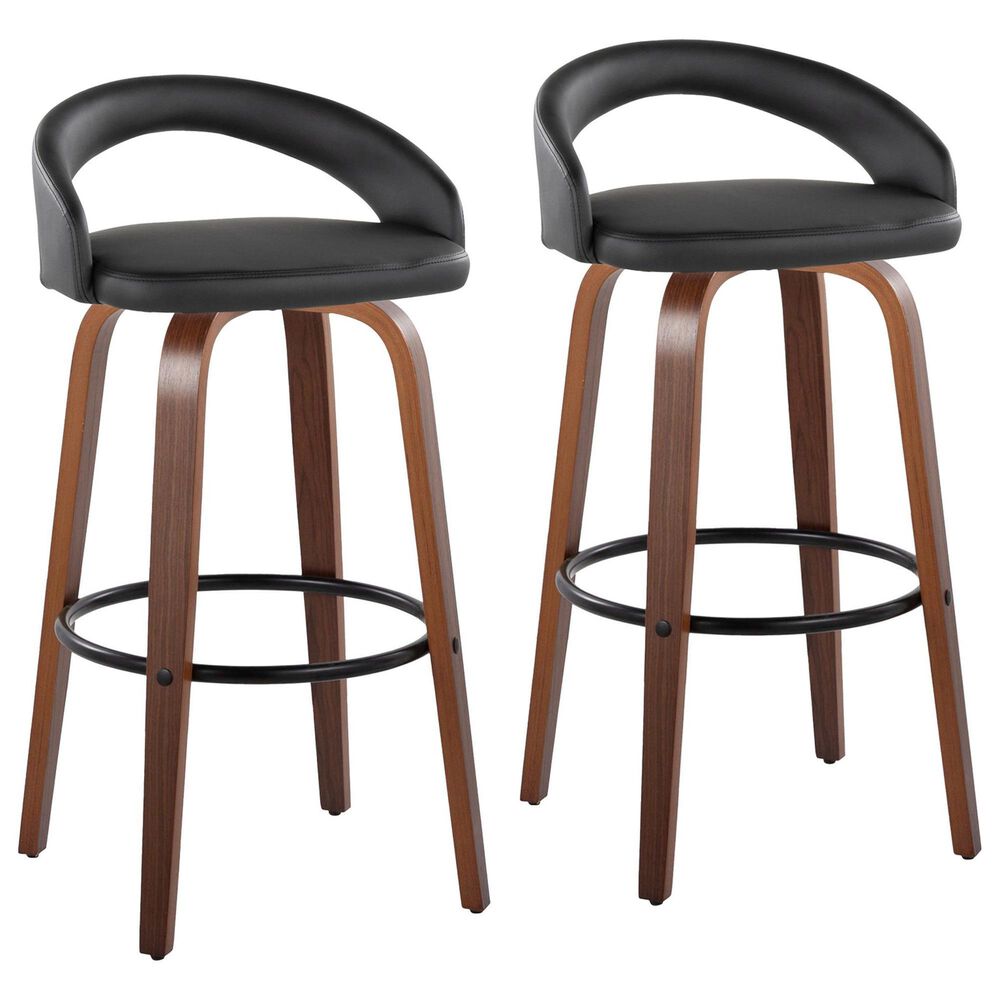 LumiSource Grotto Swivel Bar Stool with Black Faux Leather Upholstery in Walnut Wood and Black (Set of 2), , large