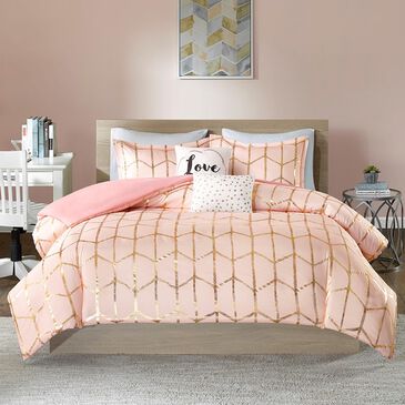 Hampton Park Raina 5-Piece Full/Queen Duvet Cover Set in Blush and Gold, , large