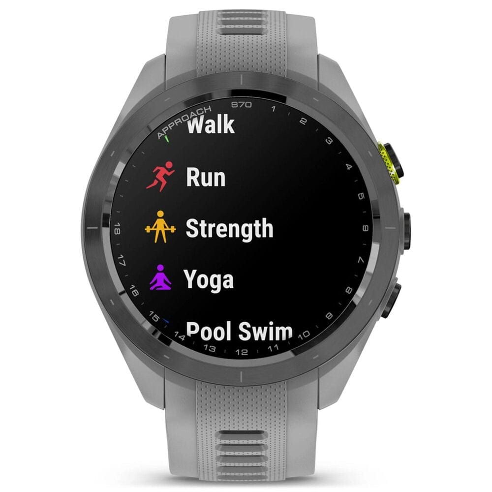 Garmin Approach S70 Smartwatch 41mm Black and Amp Yellow Ceramic Bezel Case with Powder Gray Silicone Band, , large