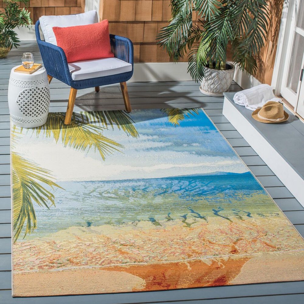 Safavieh Barbados Tropical Beach  3&#39;3&quot; x 5&#39; Gold and Blue Indoor/Outdoor Area Rug, , large