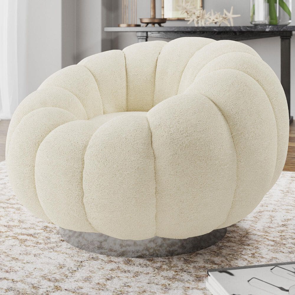 Emerald Home Furnishings Lily Pumpkin Swivel Chair in White Boucle, , large