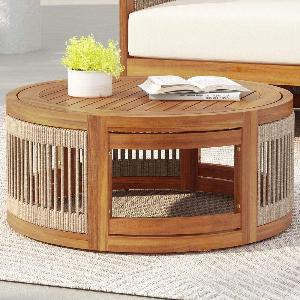 Hearth and Haven Outdoor Round Acacia Wood Coffee Table with Handwoven Rope Accents in Natural, , large