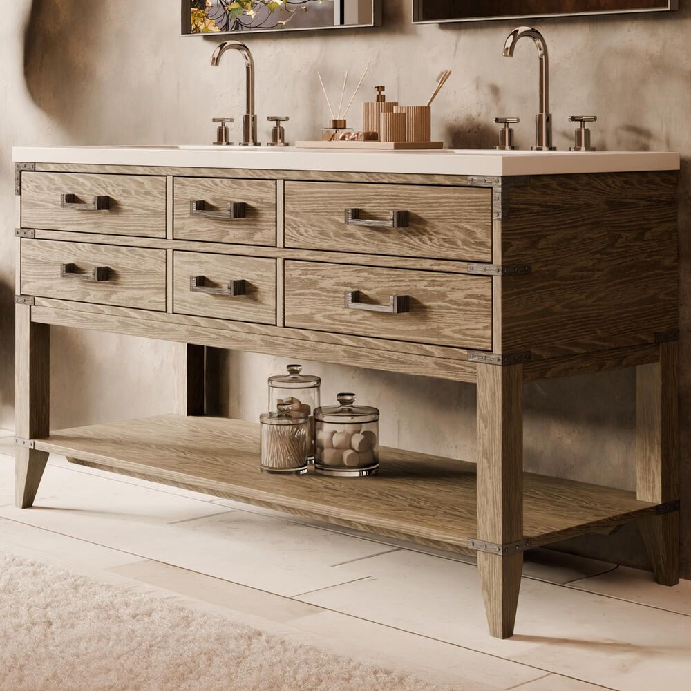 Lexora Home Norwalk 60" Double Bathroom Vanity in Grey Oak with White Cultured Marble Top  and Rectangle Sink, , large