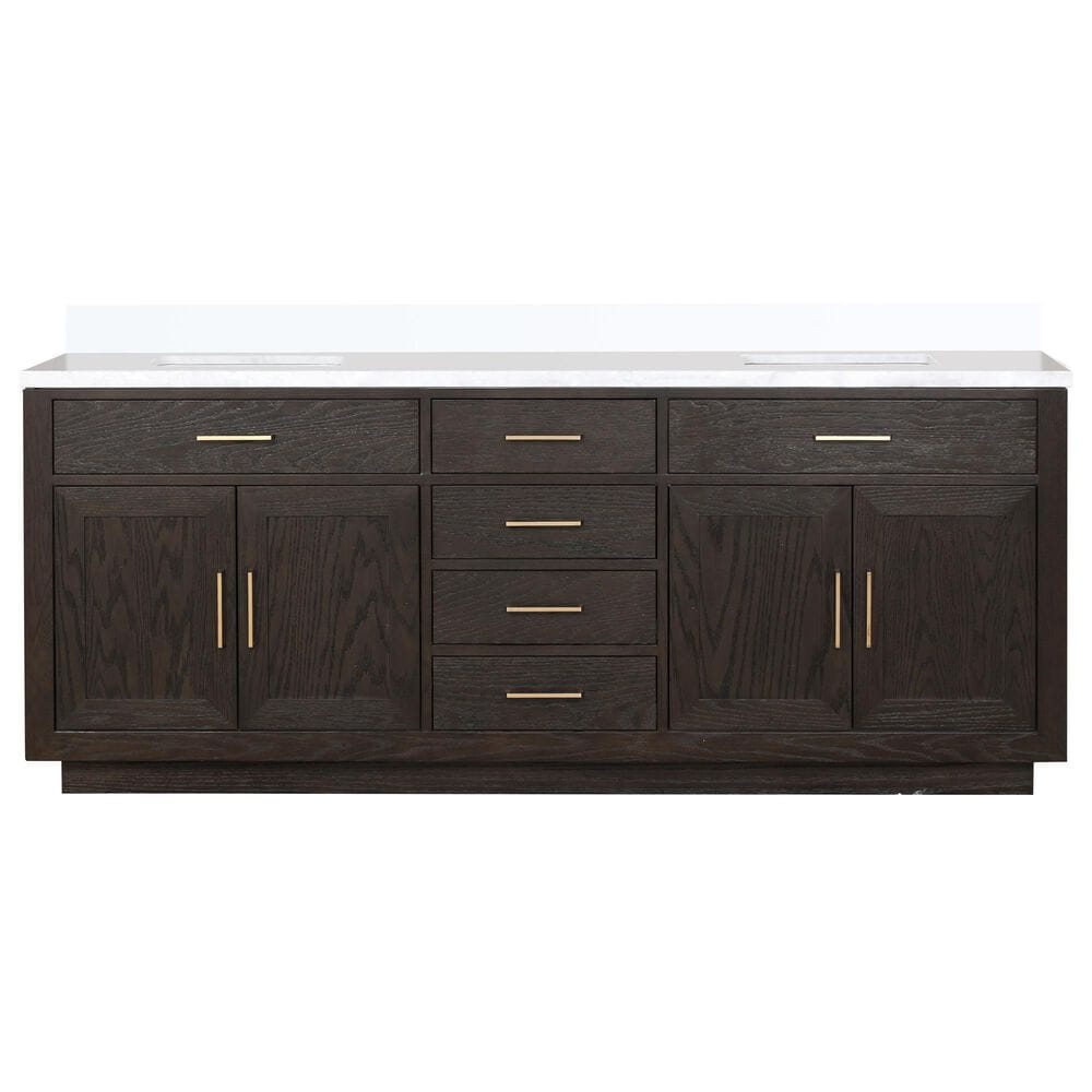 Lexora Home Abbey 84" Double Bathroom Vanity in Brown Oak with 2 cm White Quartz Top and Rectangular Sinks, , large