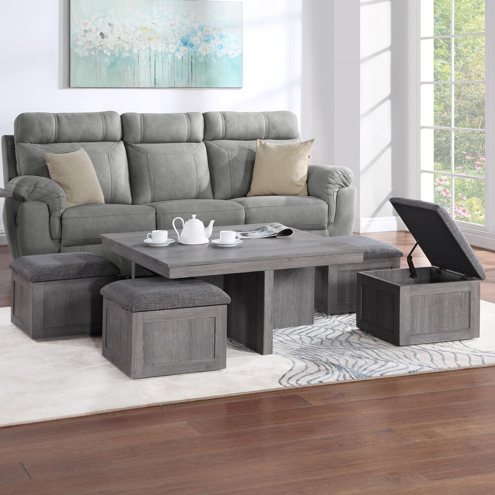 HOMLUX 5-Piece 38" Coffee Table Set with 4 Nested Storage Stools in Distressed Gray, , large