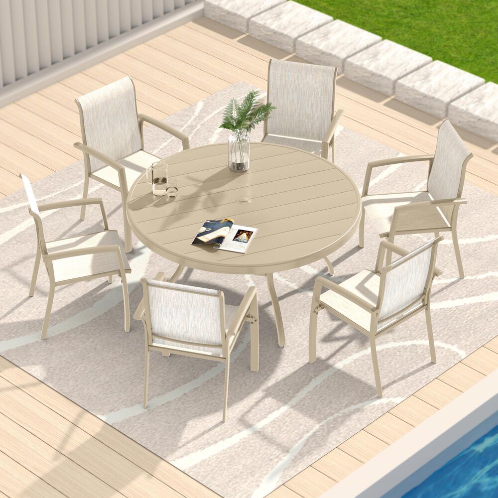 Hearth and Haven Outdoor 53" Round Dining Table with Umbrella Hole in Sandstone - Table Only, , large