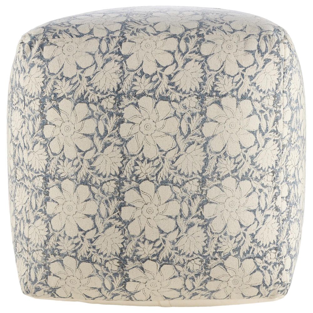 LR Home 20" Square Floral Pouf in Blue and Beige, , large