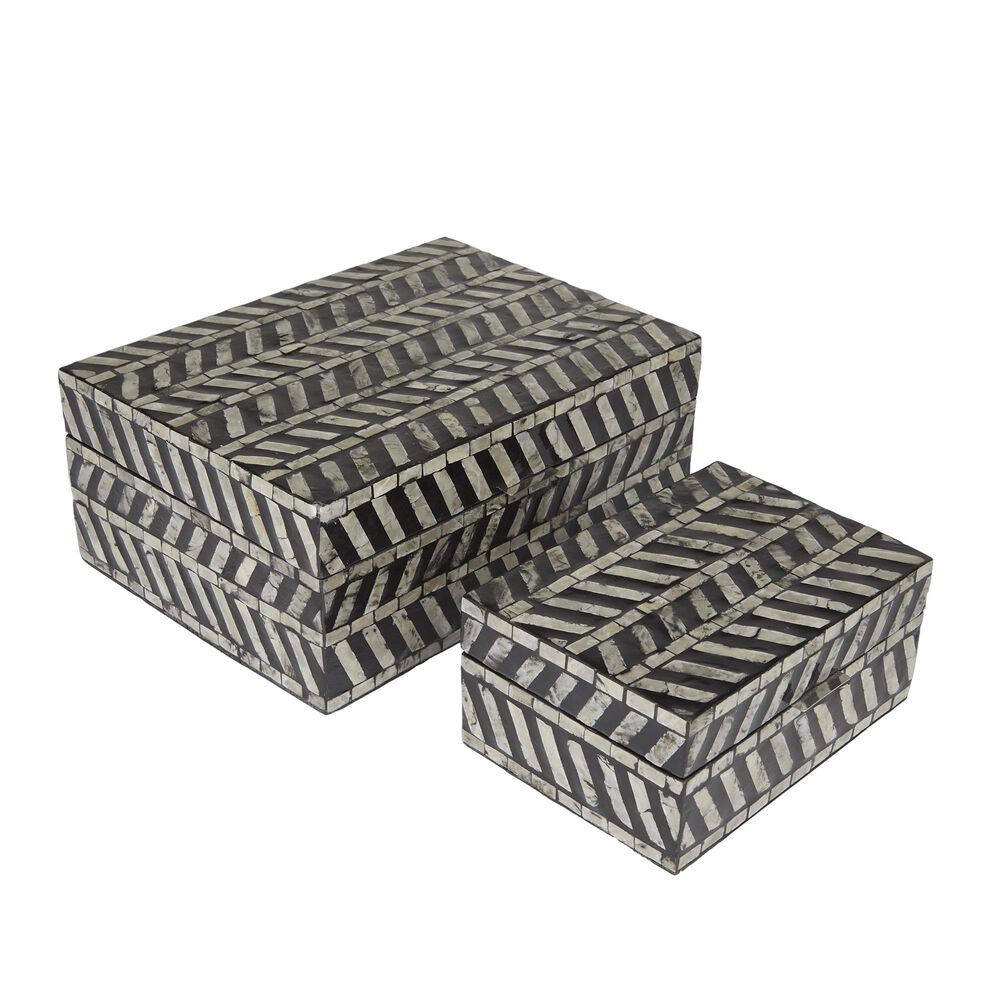 Maple and Jade 2-Piece Handmade Chevron Pattern Decorative Box Set in Polished Gray and Black, , large