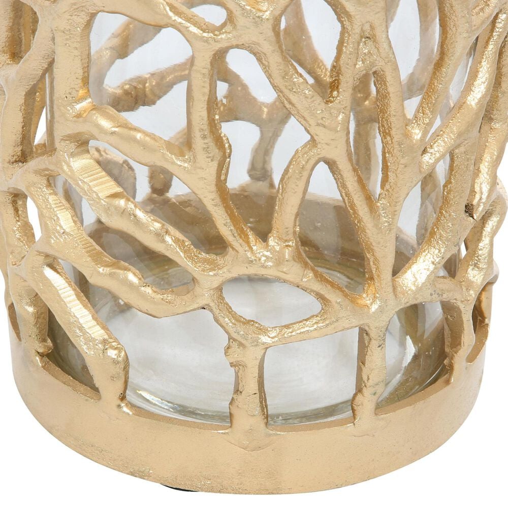 Maple and Jade 10&quot; Decorative Coral Indoor/Outdoor Candle Lantern in Satin Gold, , large