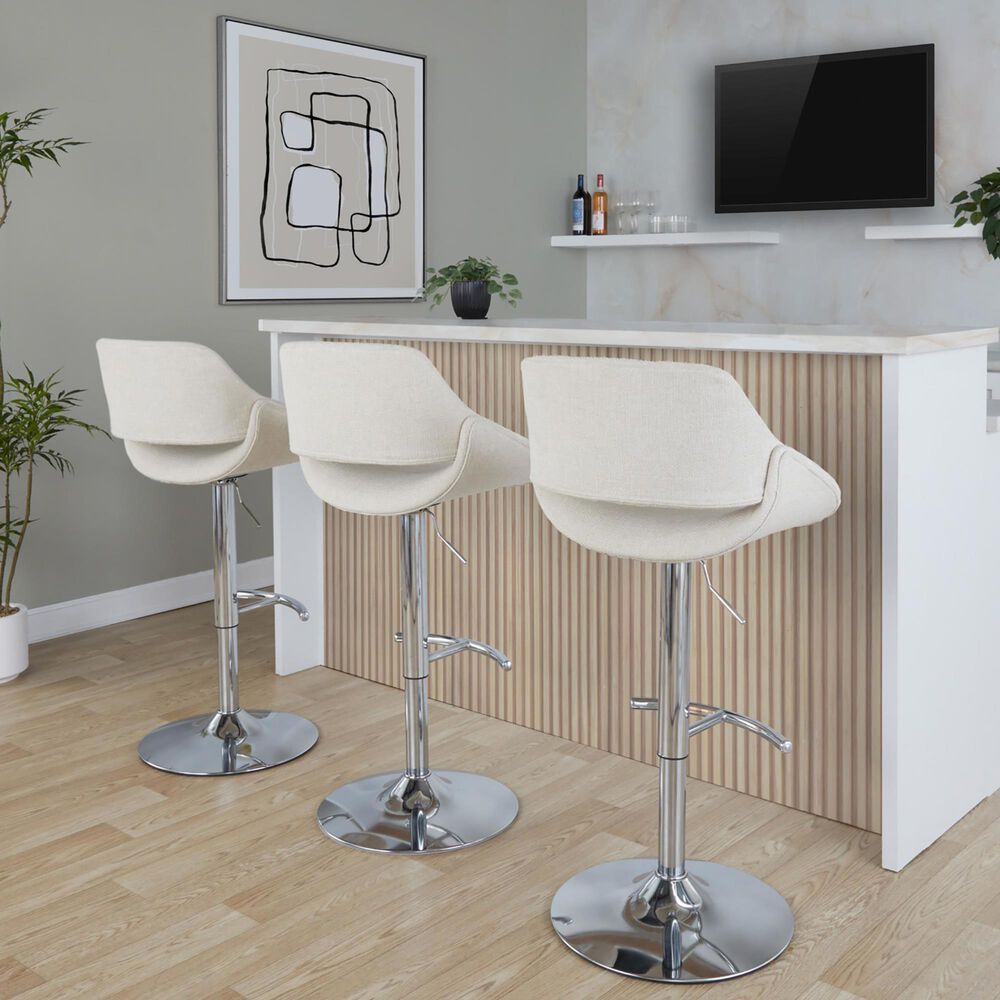 LumiSource Fabrico Swivel Adjustable Bar Stool with Cream Noise Fabric Upholstery and Rounded T Footrest in Chrome (Set of 2), , large