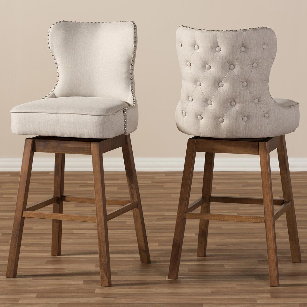 Baxton Studio Gradisca Swivel Bar Stool with Light Beige Cushion in Dark Walnut (Set of 2), , large
