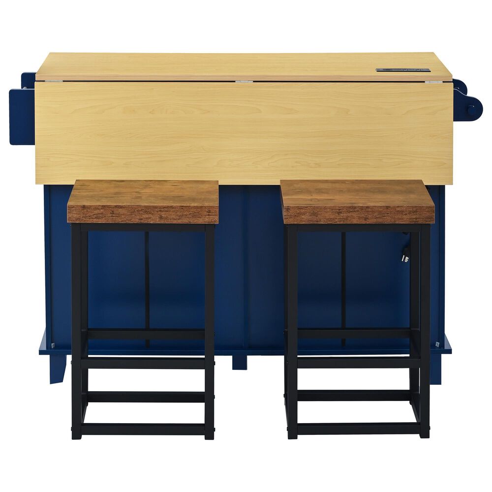 HOMLUX Farmhouse Kitchen Island with Drop Leaf and 2 Stools in Blue, Natural, Black and Rustic Brown, , large