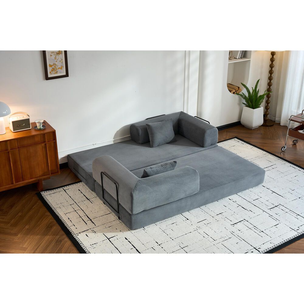 GigaCloud Corduroy Convertible Sleeper Sofa with Cylindrical Pillow in Gray, , large