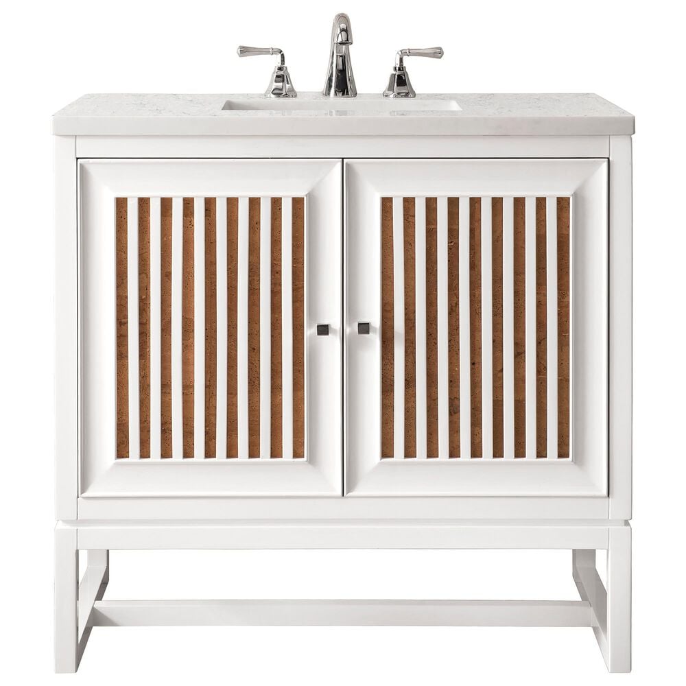 James Martin Vanities Athens 30" Single Bathroom Vanity in Glossy White with 3 cm Carrara White Marble Top and Rectangular Sink, , large