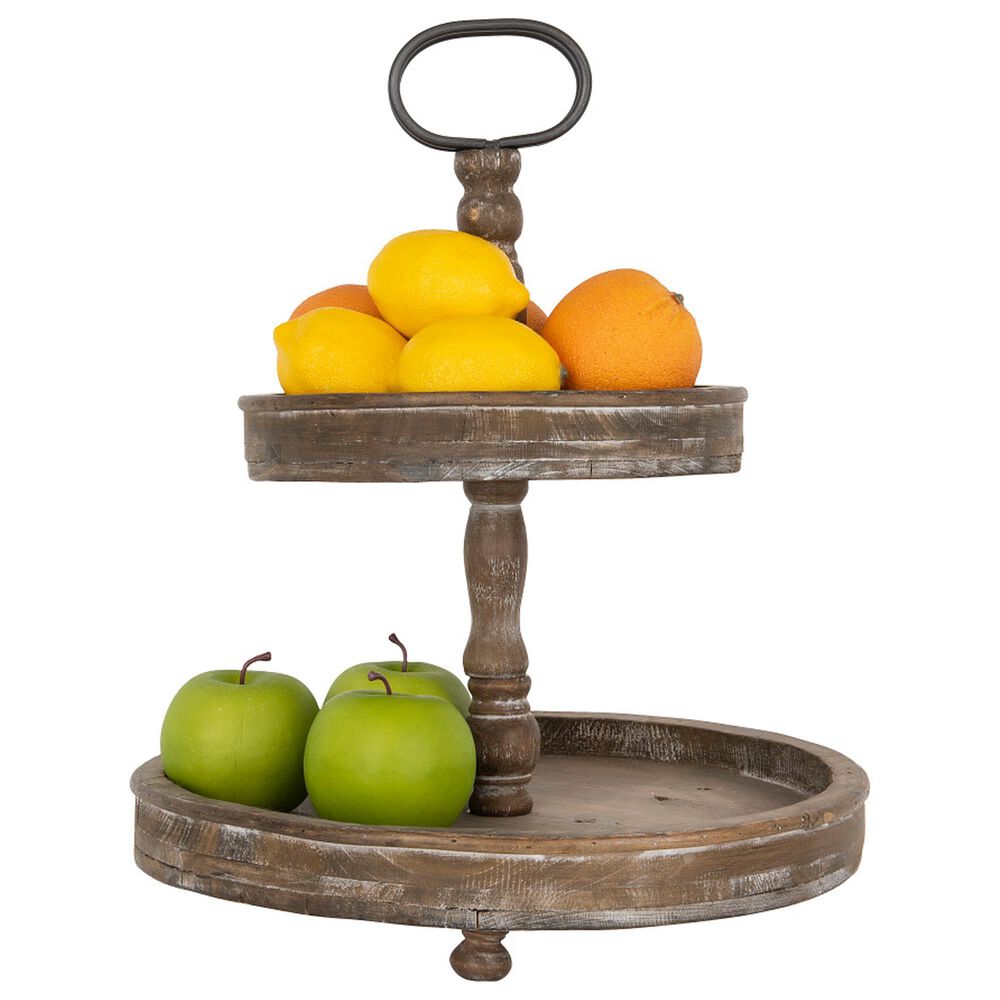 Creative Coop 2-Tier Tray with Metal Handle in Distressed Brown, , large