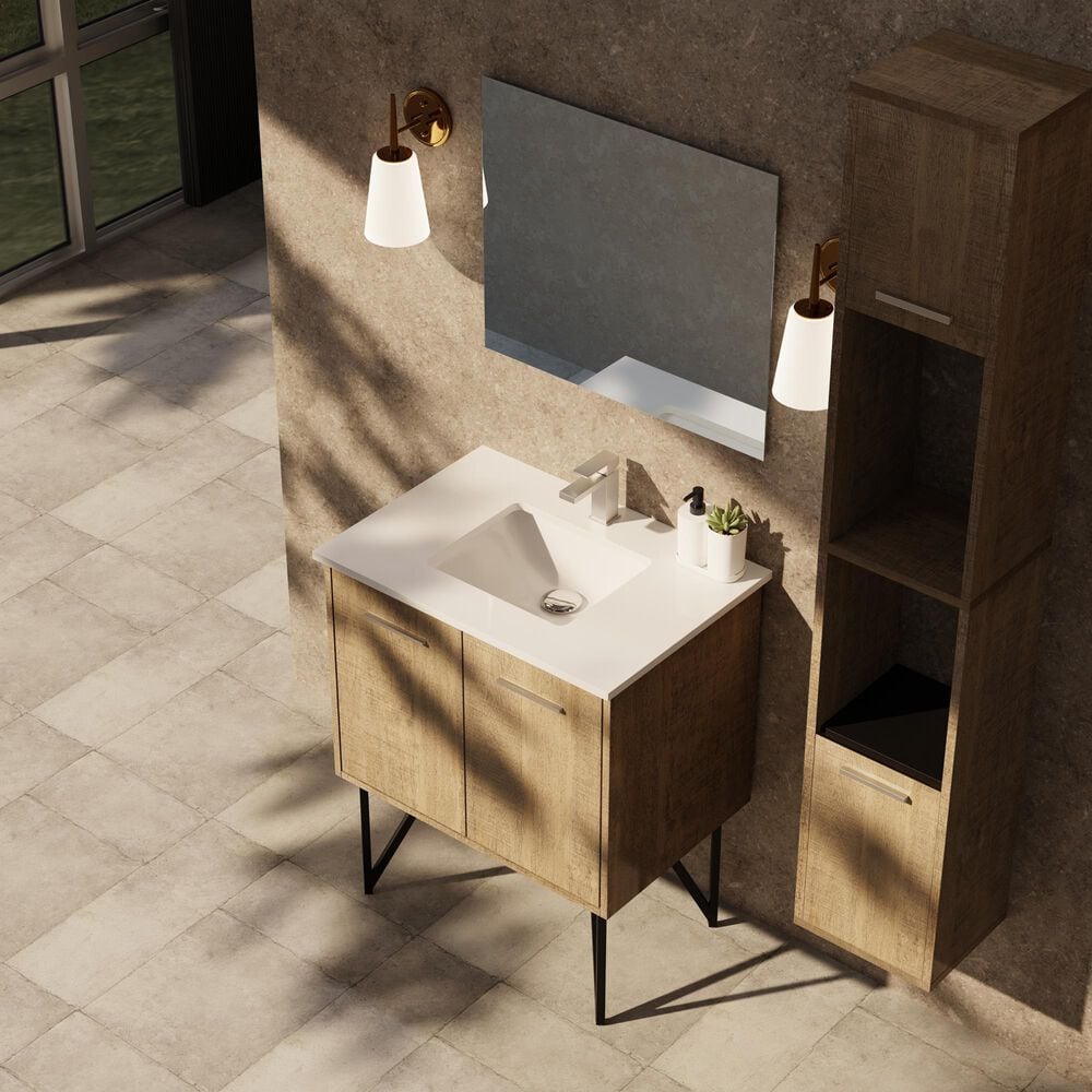 Lexora Home Lancy 30&quot; Single Bathroom Vanity in Rustic Acacia with 2 cm White Cultured Marble Top and Rectangular Sink, , large