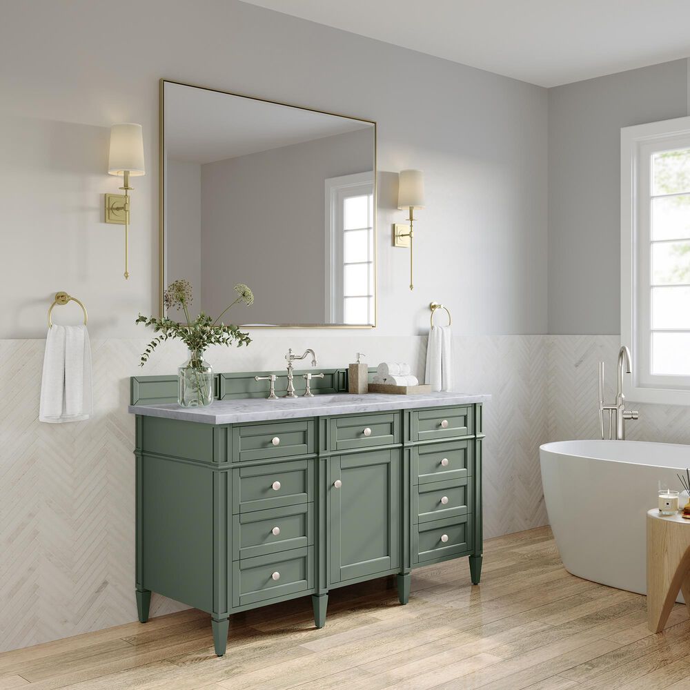 James Martin Vanities Brittany 60&quot; Single Bathroom Vanity in Smokey Celadon with 3 cm Carrara White Marble Top and Rectangular Sink, , large