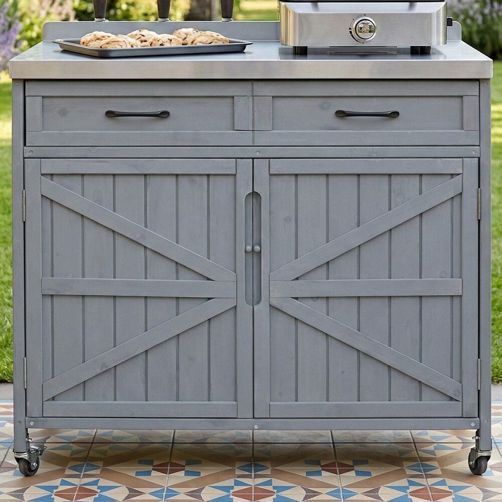 HOMLUX 39" Outdoor Kitchen Island with Stainless Table Top in Grey Blue, , large