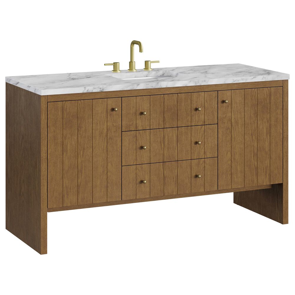 James Martin Hudson 60" Single Bathroom Vanity in Honey Oak with 3 cm Carrara Marble Top and Rectangular Sink, , large