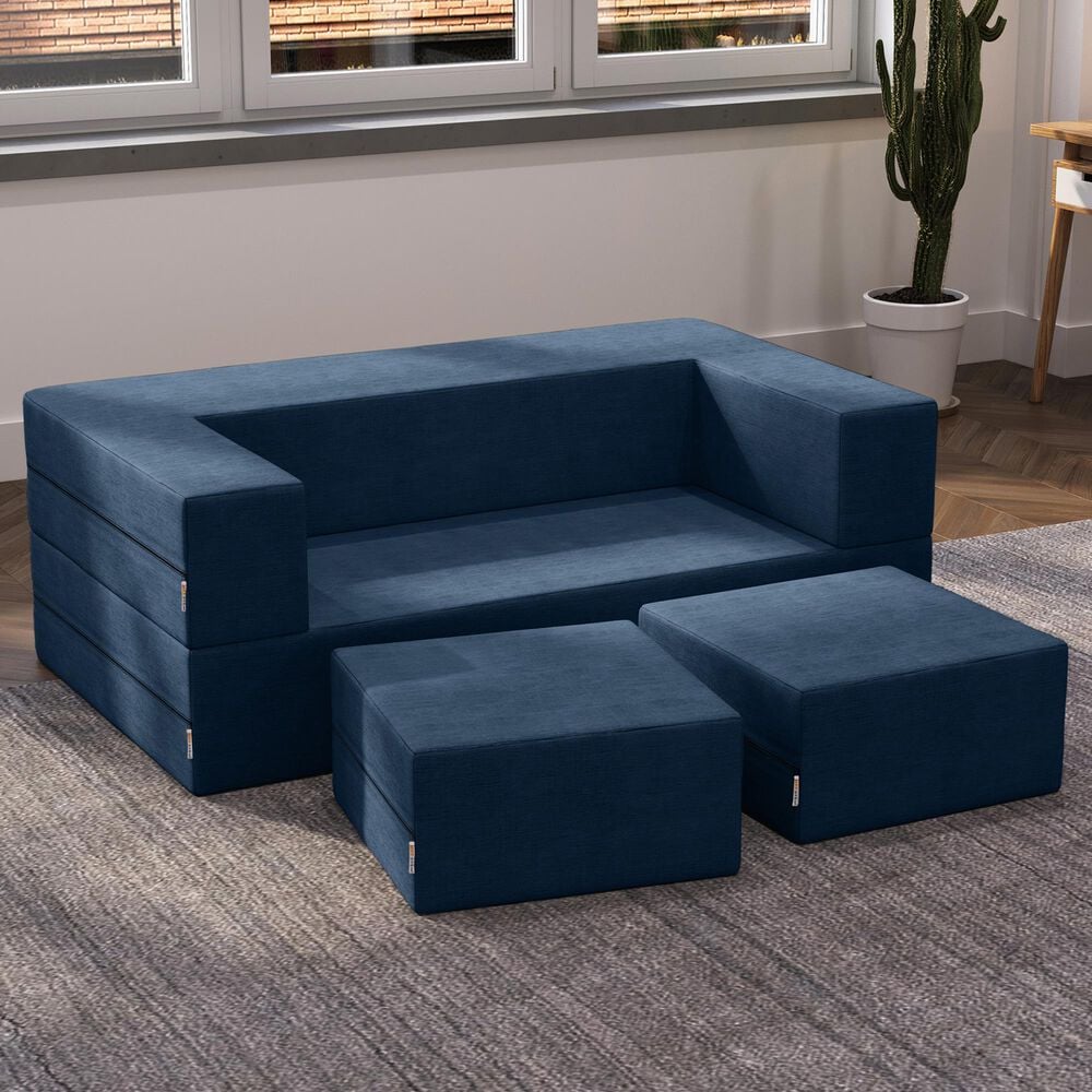 Jaxx Zipline 3-Piece Stationary Convertible Sleeper Loveseat in Indigo Velvet, , large