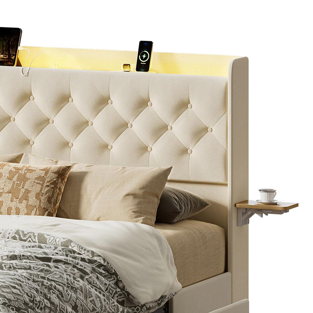 HOMLUX Queen Upholstered Platform Storage Bed in Beige, , large