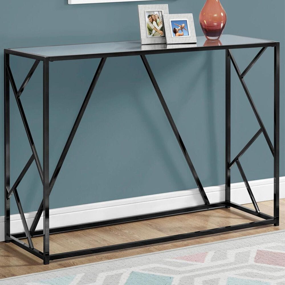 Monarch Specialties 44" Accent Table in Black Nickel Metal and Mirror Top, , large