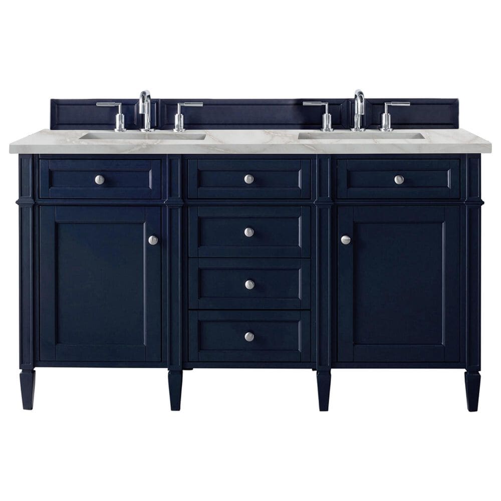 James Martin Brittany 60" Double Bathroom Vanity in Victory Blue with Single Hole 3 cm White Zeus Quartz Top and Rectangular Sinks, , large