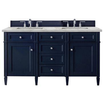 James Martin Brittany 60" Double Bathroom Vanity in Victory Blue with Single Hole 3 cm White Zeus Quartz Top and Rectangular Sinks, , large