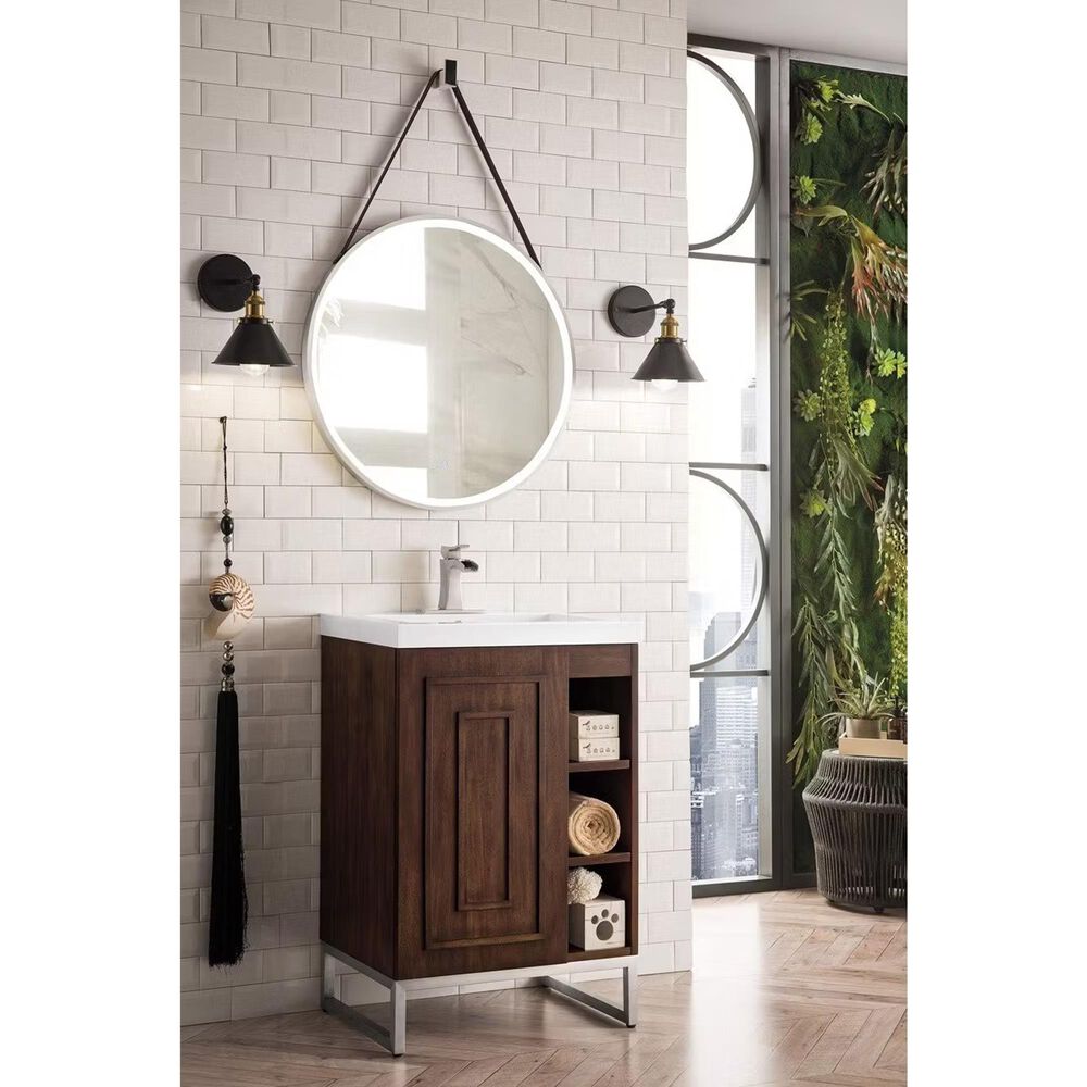 James Martin Vanities Alicante 24&quot; Single Bathroom Vanity in Mid Century Acacia and Brushed Nickel with 5 cm White Glossy Resin Top and Rectangular Sink, , large