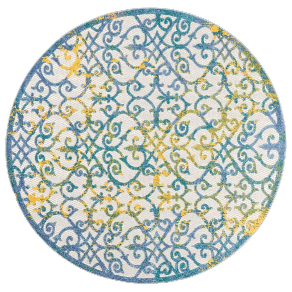 Nourison Aloha 7"10" Round Ivory and Blue Indoor/Outdoor Area Rug, , large