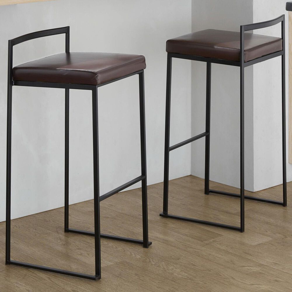 Lumisource Fuji Stackable Barstool with Brown Faux Leather Cushion in Black &#40;Set of 2&#41;, , large