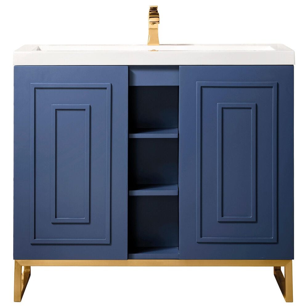 James Martin Vanities Alicante 39.5" Single Bathroom Vanity in Azure Blue and Radiant Gold with 5 cm White Glossy Resin Top and Rectangular Sink, , large
