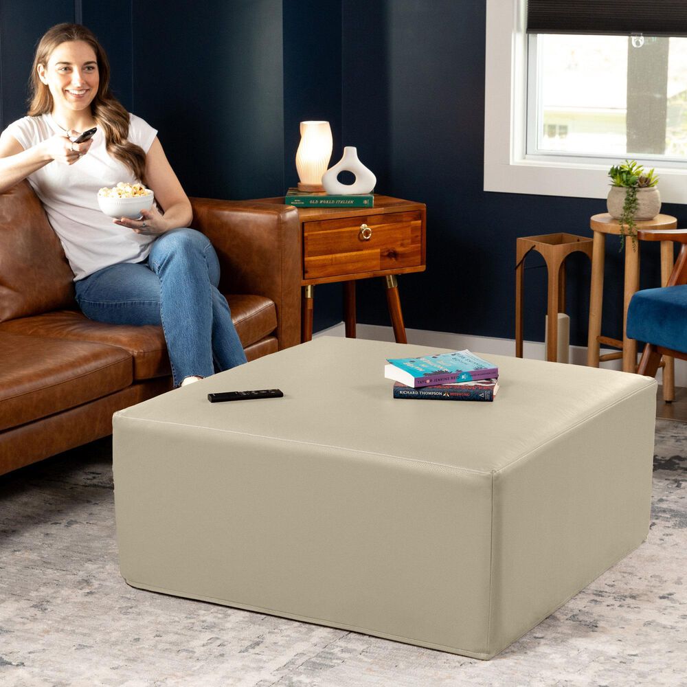 Jaxx Fairlie Faux Leather Ottoman in Natural Beige, , large