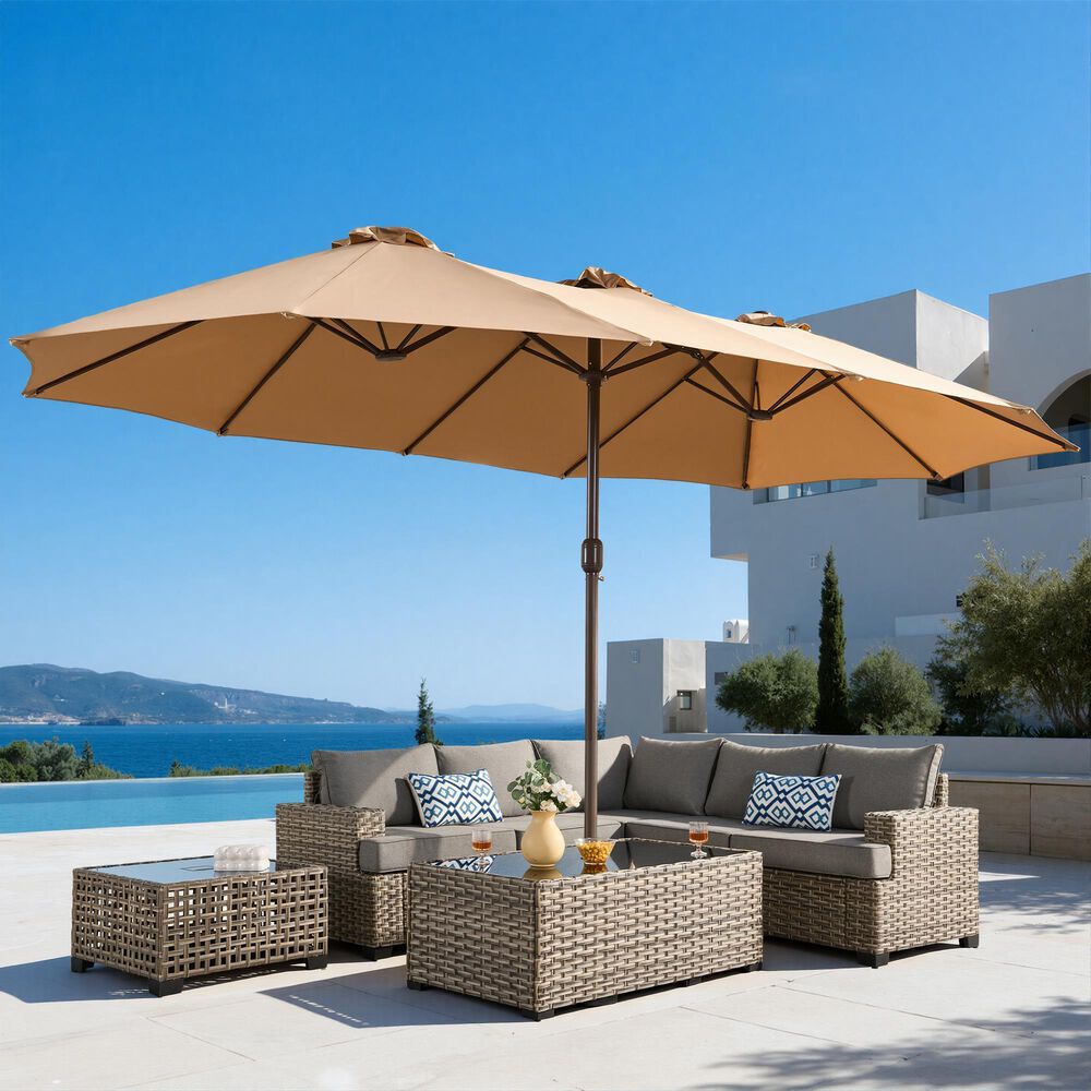 HOMLUX 2-Piece 14.5 ft Patio Umbrella with All-weather Rattan Rectangular Coffee Table Outdoor Set in Khaki, , large