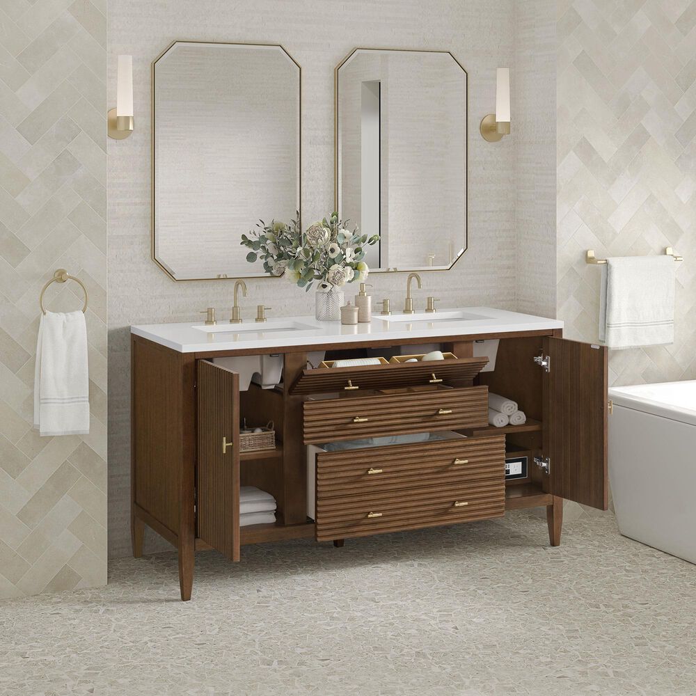 James Martin Vanities Mirin 60&quot; Double Vanity in Mid Century Walnut with 3 cm White Zeus Quartz Top, , large
