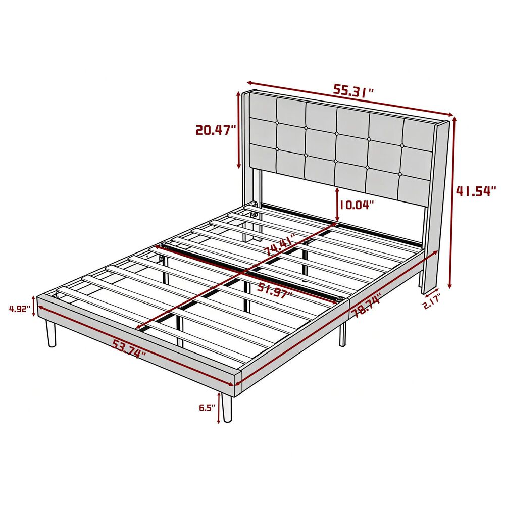 HOMLUX Full Upholstered Platform Bed Frame with Tufted Headboard in Dark Gray, , large