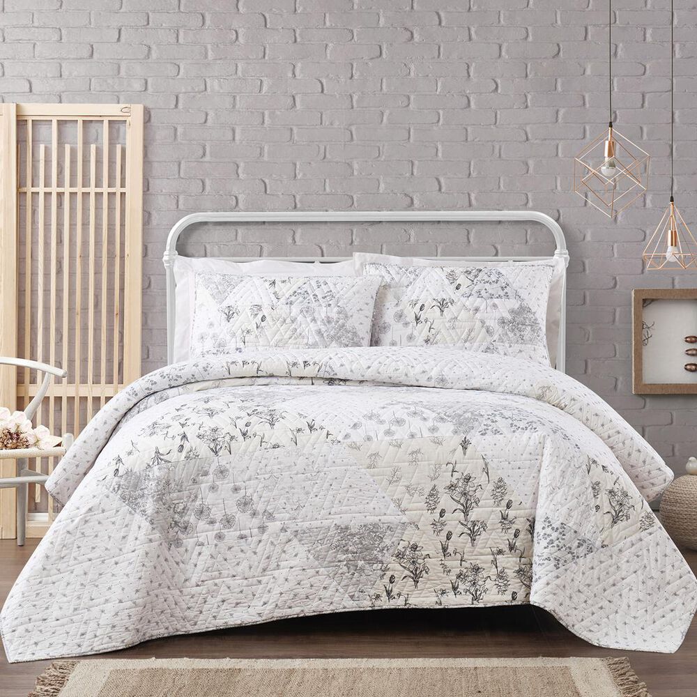 Pem America Cottage Classics Kamala Floral 3-Piece King Quilt Set in Grey/Cream, , large