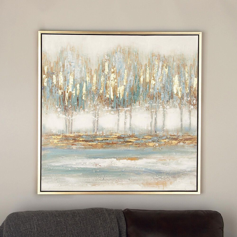 Maple and Jade 39&quot; x 39&quot; Lakeside Canvas Wall Art in Brown, Blue and Yellow, , large