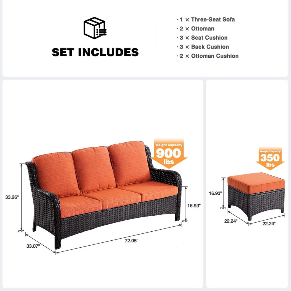 HOMLUX 3-Piece 72" Patio Sofa and Ottoman Set with Brown Wicker in Orange, , large