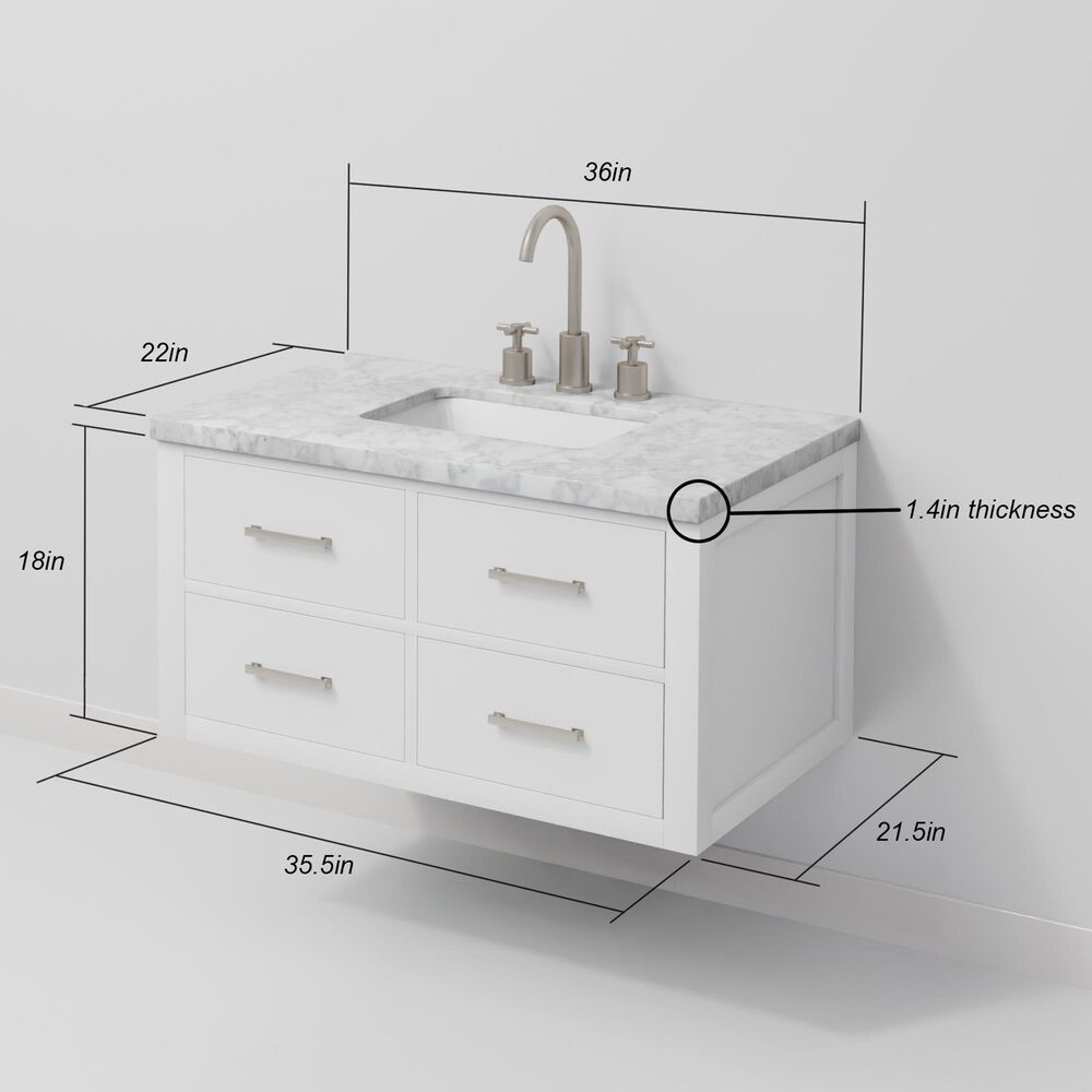Lexora Home Castor 36" Single Bathroom Vanity in White with 2 cm White Carrara Marble Top and Rectangular Sink, , large